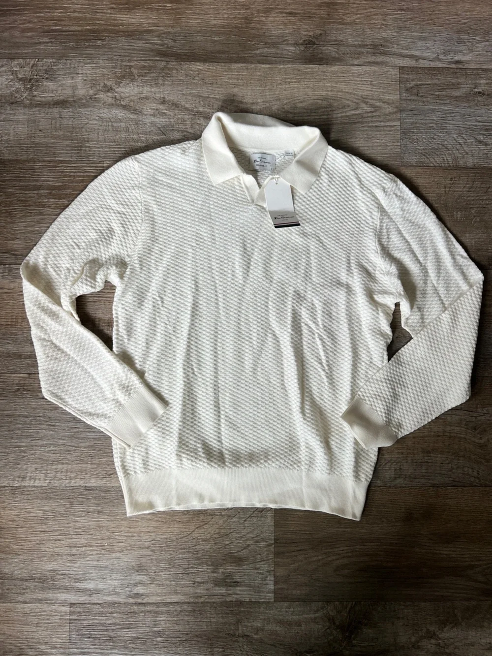 Ben Sherman Relaxed Fit Long Sleeve Textured Open Neck Knitted Polo in Ivory